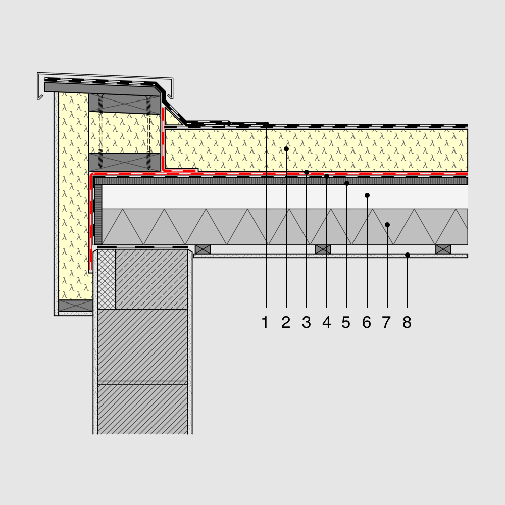 PU-Aufdachdämmung auf einem Flachdach in Holzbauweise | Detail: Dachrandabschluss